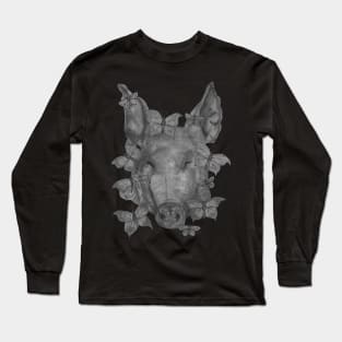 Black and white pig head with butterflies Long Sleeve T-Shirt